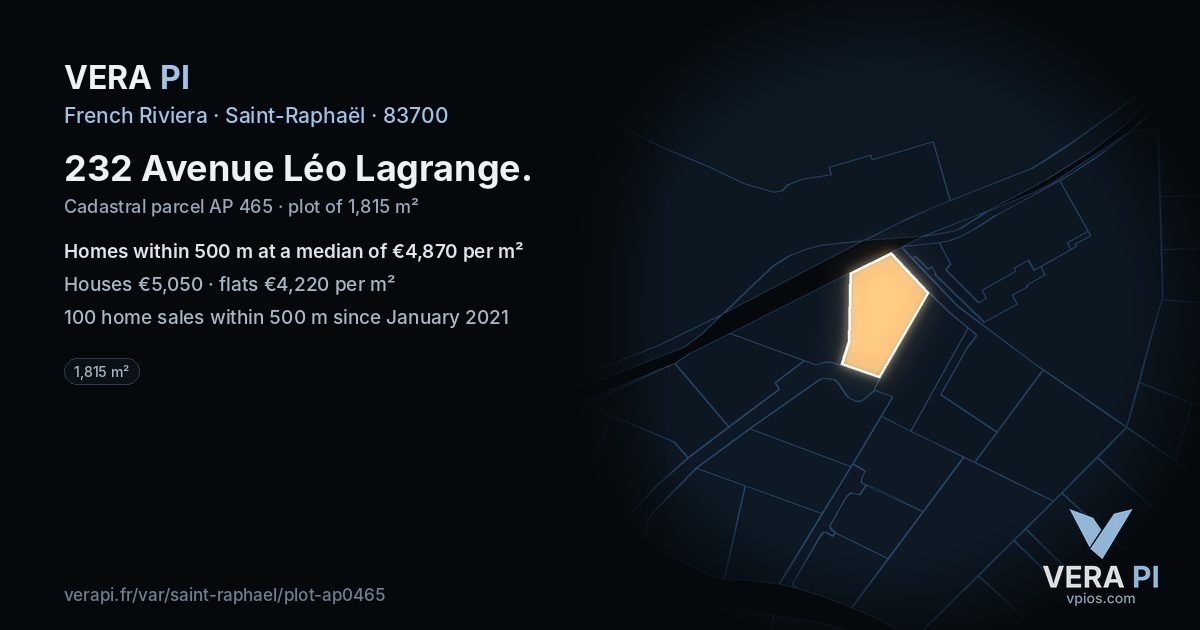 232 Avenue Léo Lagrange, Saint-Raphaël at night – the plot lit, the parcels around coloured by the prices near them