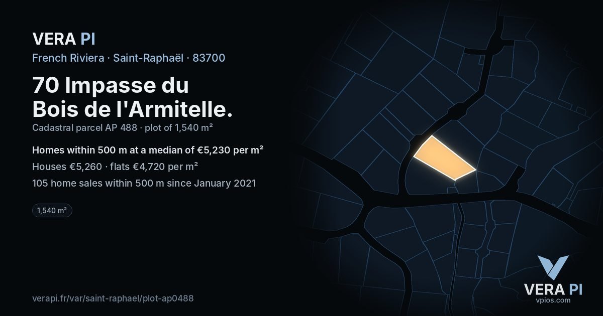 70 Impasse du Bois de l'Armitelle, Saint-Raphaël at night – the plot lit, the parcels around coloured by the prices near them