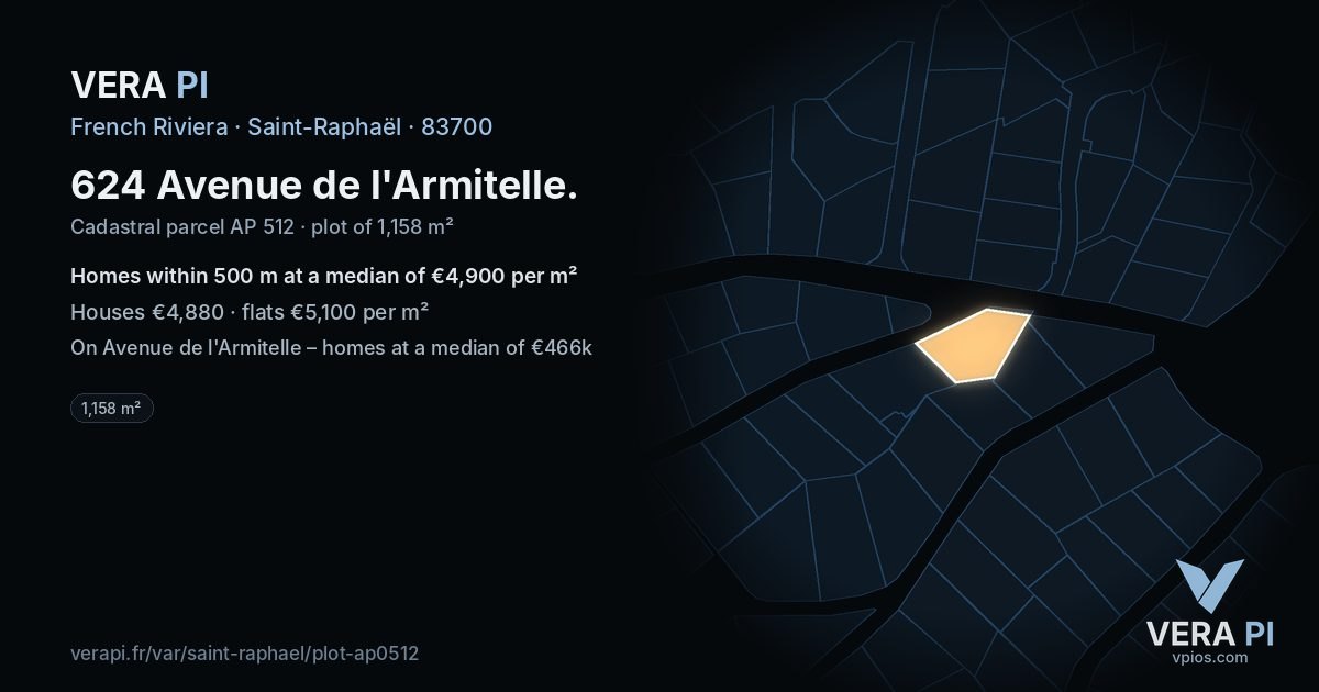 624 Avenue de l'Armitelle, Saint-Raphaël at night – the plot lit, the parcels around coloured by the prices near them