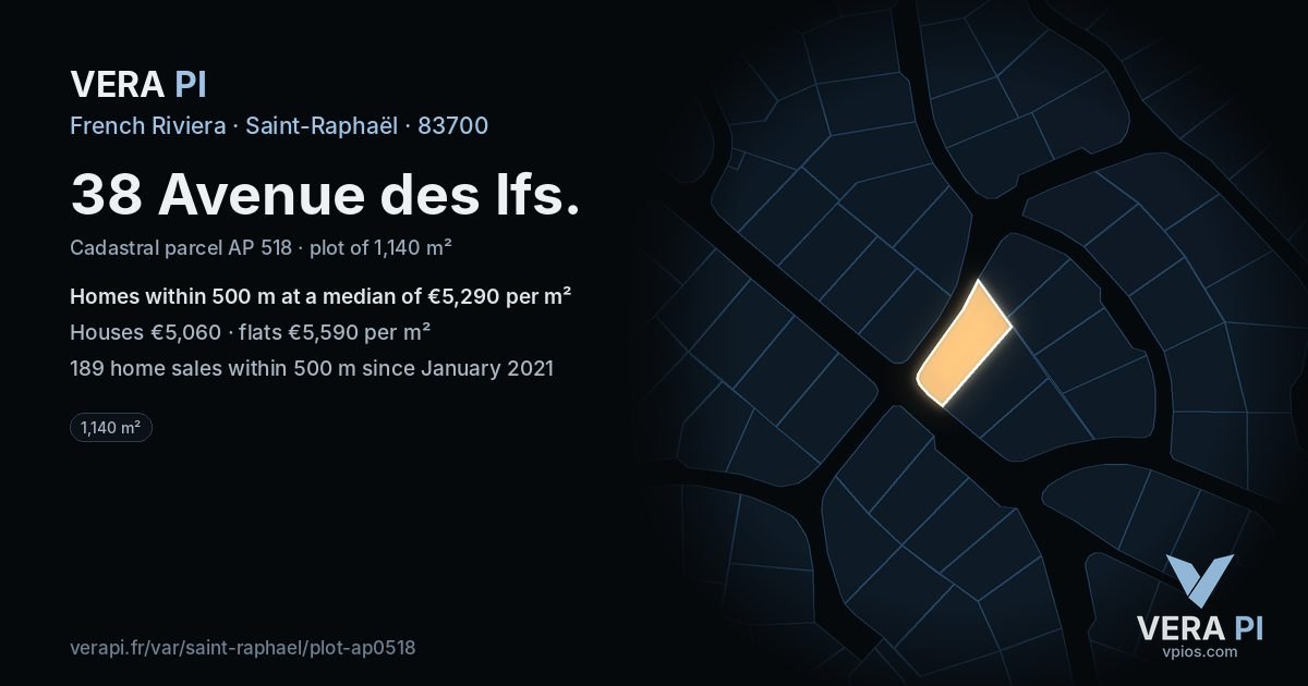 38 Avenue des Ifs, Saint-Raphaël at night – the plot lit, the parcels around coloured by the prices near them