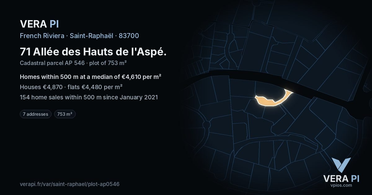 71 Allée des Hauts de l'Aspé, Saint-Raphaël at night – the plot lit, the parcels around coloured by the prices near them