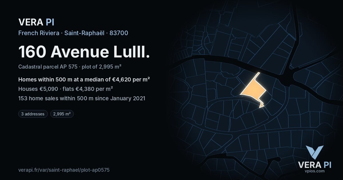 160 Avenue LullI, Saint-Raphaël at night – the plot lit, the parcels around coloured by the prices near them
