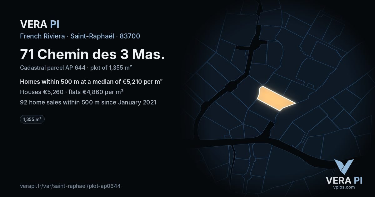 71 Chemin des 3 Mas, Saint-Raphaël at night – the plot lit, the parcels around coloured by the prices near them