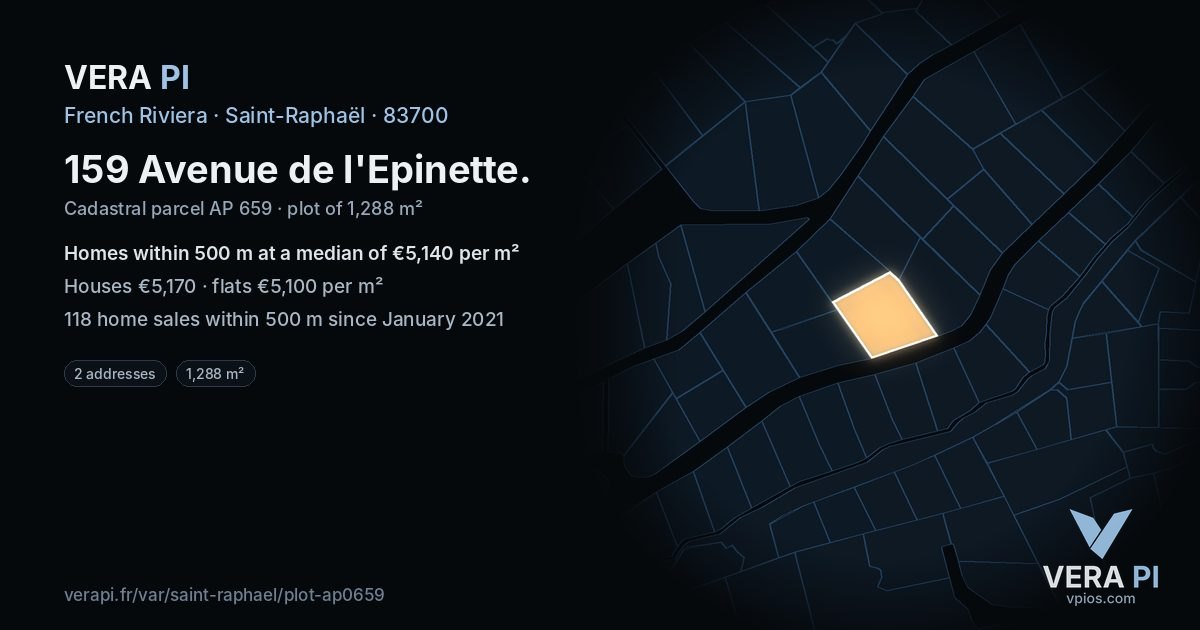 159 Avenue de l'Epinette, Saint-Raphaël at night – the plot lit, the parcels around coloured by the prices near them