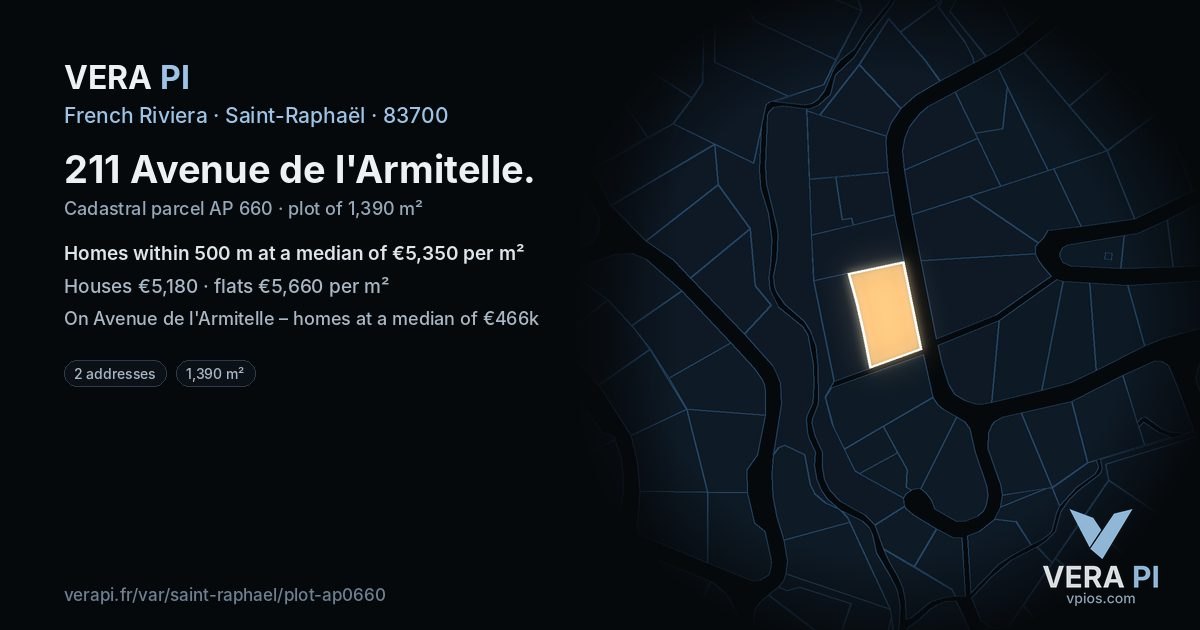 211 Avenue de l'Armitelle, Saint-Raphaël at night – the plot lit, the parcels around coloured by the prices near them