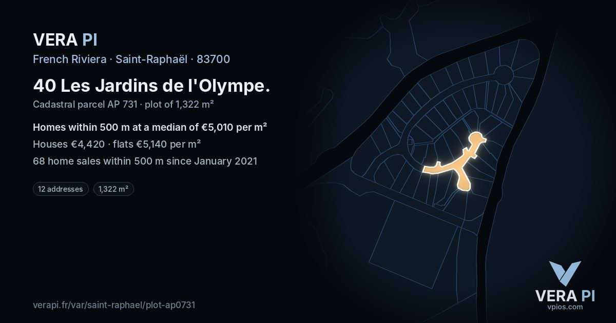 40 Les Jardins de l'Olympe, Saint-Raphaël at night – the plot lit, the parcels around coloured by the prices near them