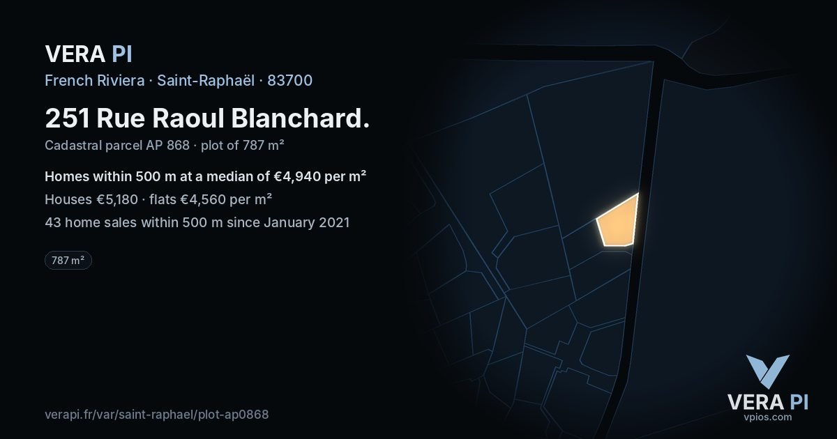 251 Rue Raoul Blanchard, Saint-Raphaël at night – the plot lit, the parcels around coloured by the prices near them