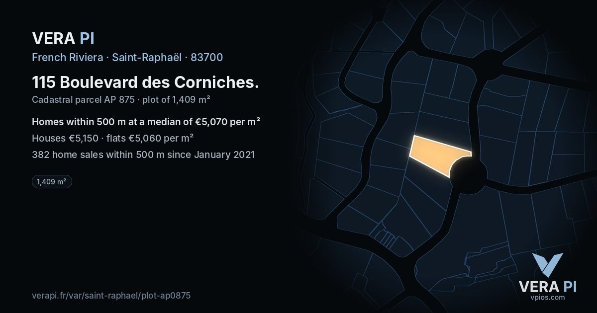 115 Boulevard des Corniches, Saint-Raphaël at night – the plot lit, the parcels around coloured by the prices near them