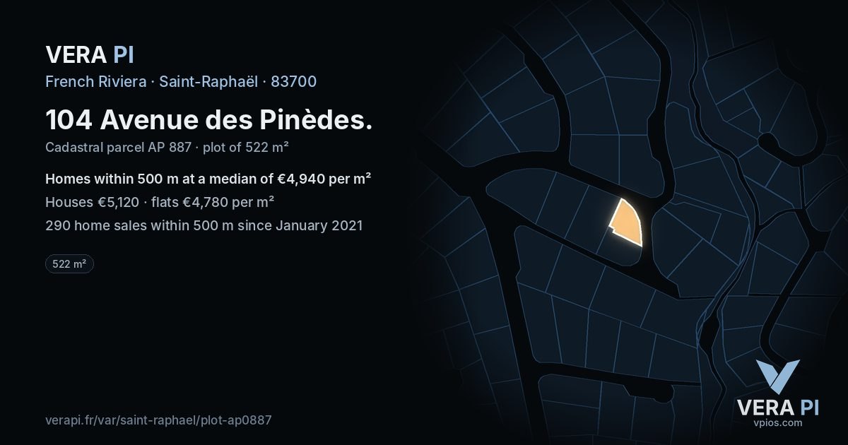 104 Avenue des Pinèdes, Saint-Raphaël at night – the plot lit, the parcels around coloured by the prices near them