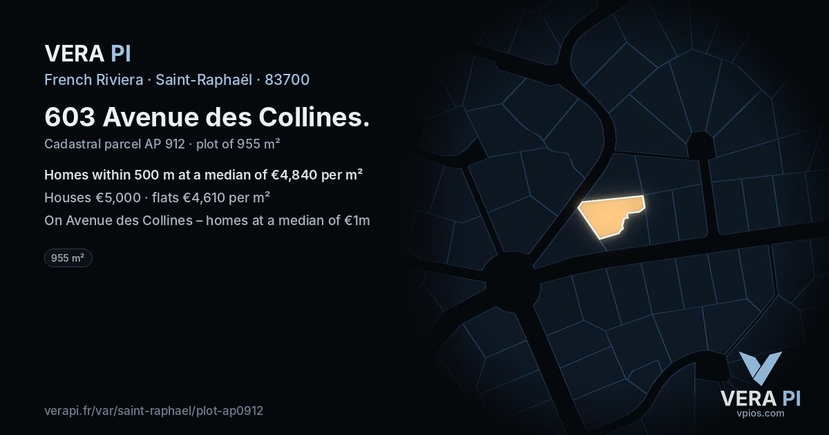 603 Avenue des Collines, Saint-Raphaël at night – the plot lit, the parcels around coloured by the prices near them