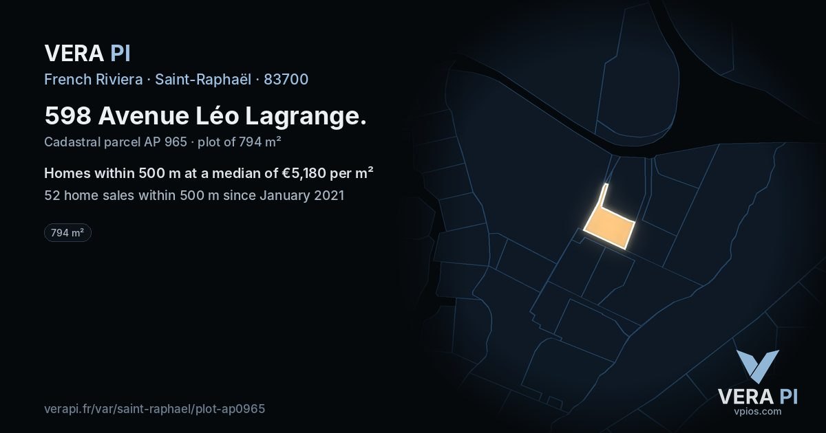 598 Avenue Léo Lagrange, Saint-Raphaël at night – the plot lit, the parcels around coloured by the prices near them