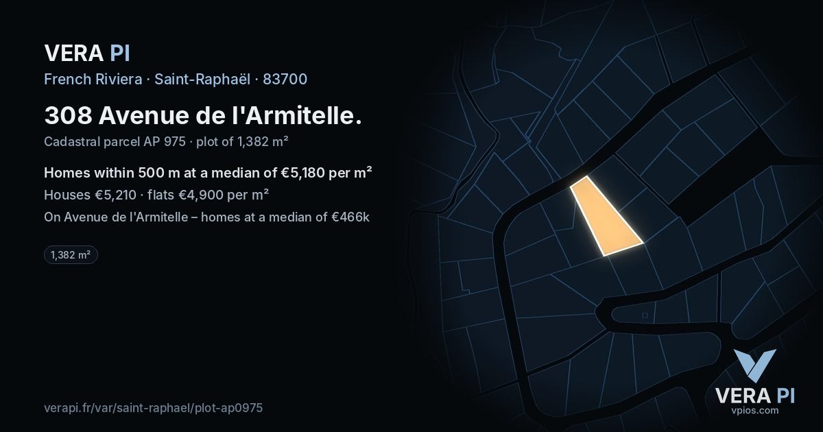 308 Avenue de l'Armitelle, Saint-Raphaël at night – the plot lit, the parcels around coloured by the prices near them