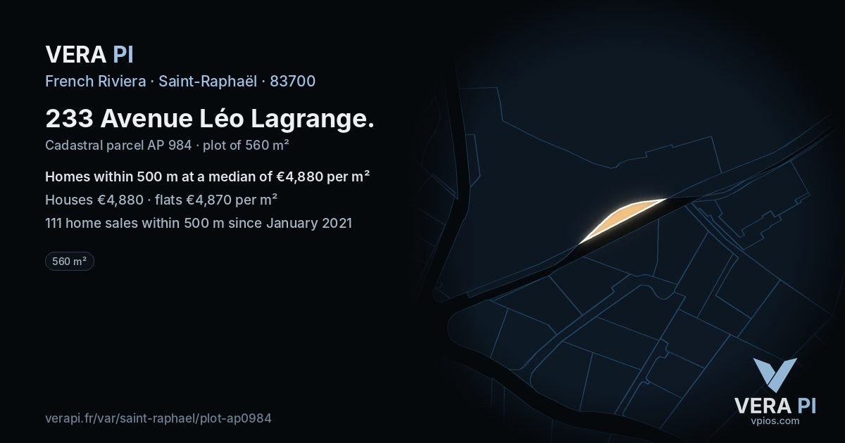 233 Avenue Léo Lagrange, Saint-Raphaël at night – the plot lit, the parcels around coloured by the prices near them