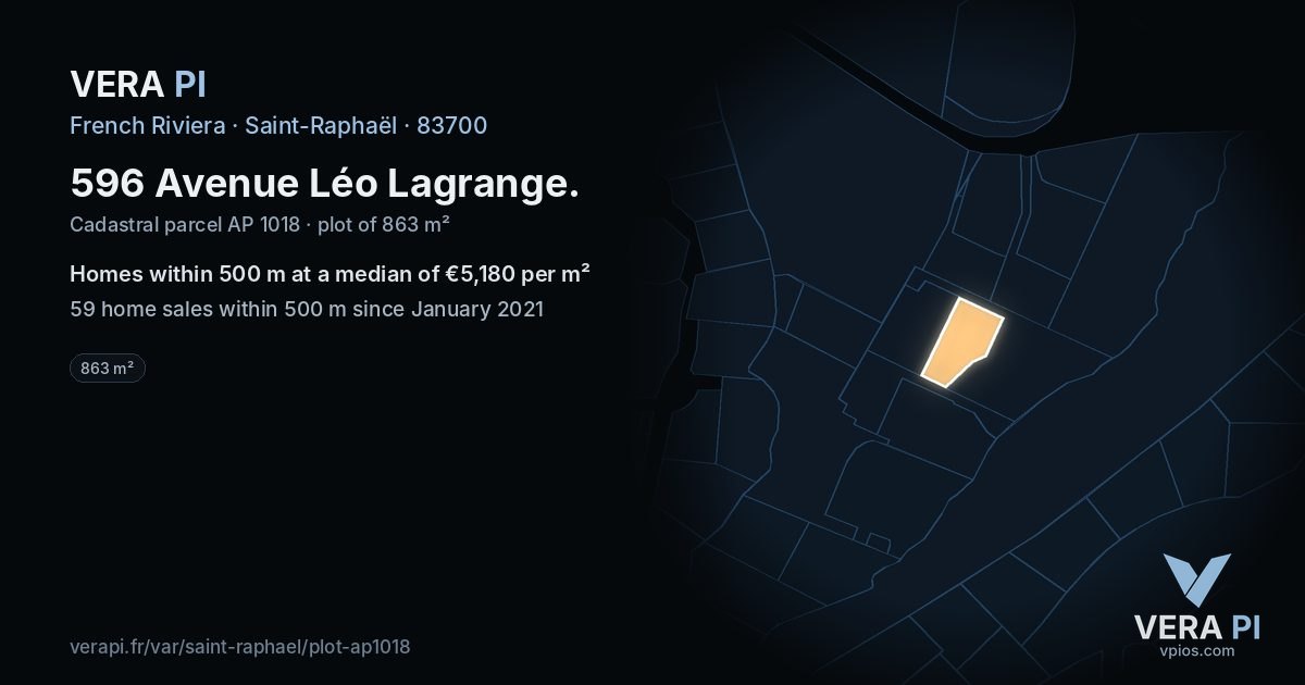 596 Avenue Léo Lagrange, Saint-Raphaël at night – the plot lit, the parcels around coloured by the prices near them