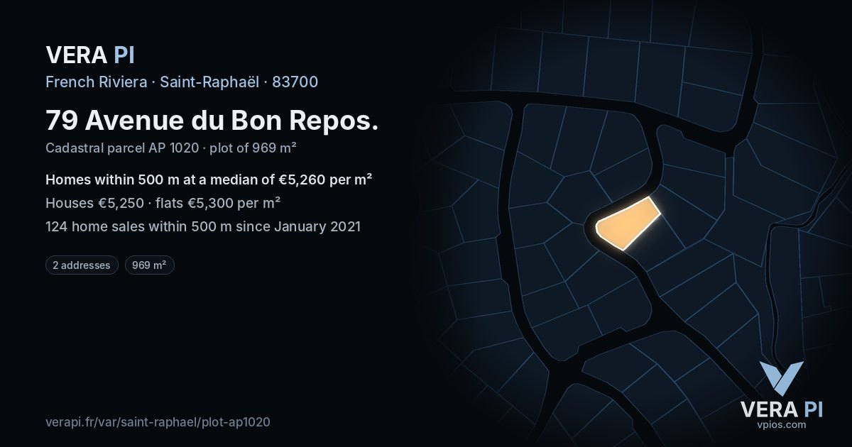 79 Avenue du Bon Repos, Saint-Raphaël at night – the plot lit, the parcels around coloured by the prices near them