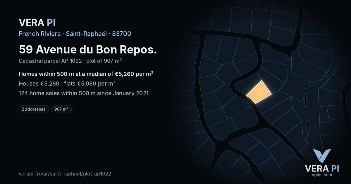 59 Avenue du Bon Repos, Saint-Raphaël at night – the plot lit, the parcels around coloured by the prices near them