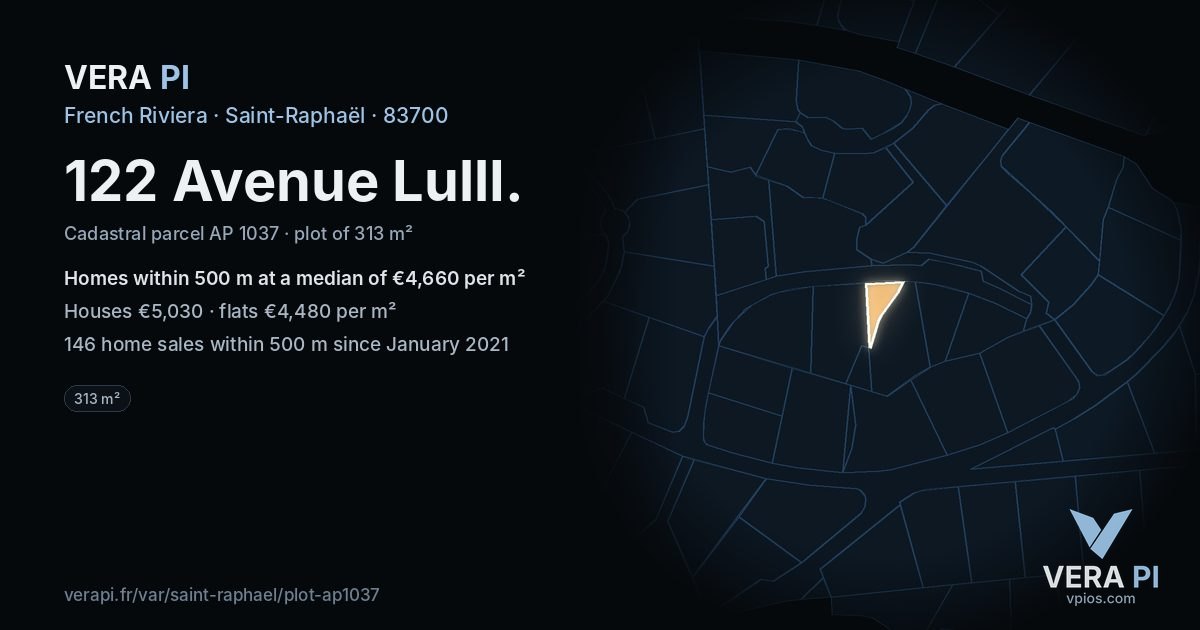 122 Avenue LullI, Saint-Raphaël at night – the plot lit, the parcels around coloured by the prices near them