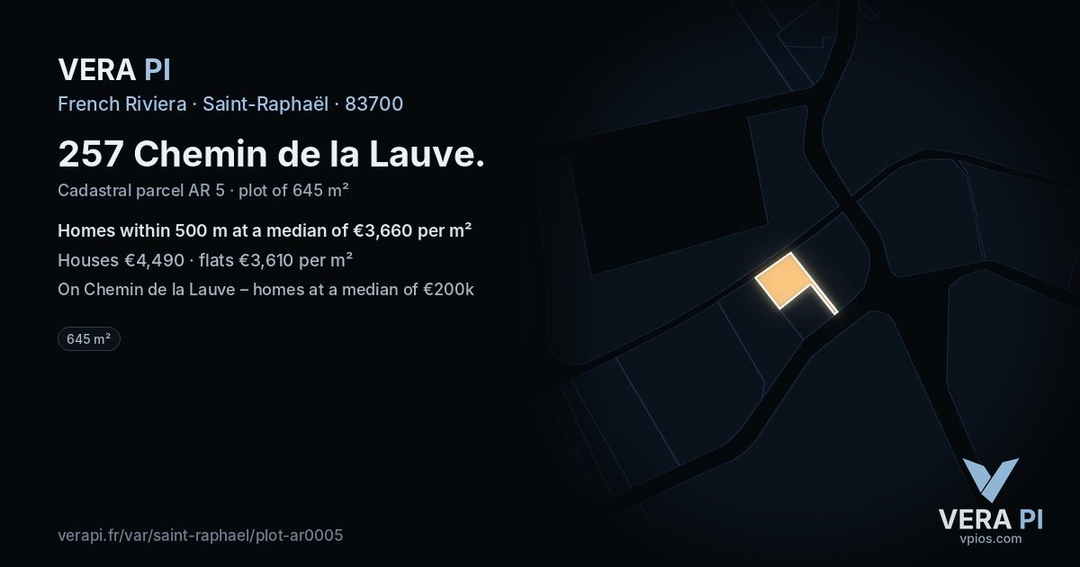 257 Chemin de la Lauve, Saint-Raphaël at night – the plot lit, the parcels around coloured by the prices near them