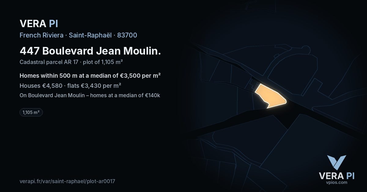 447 Boulevard Jean Moulin, Saint-Raphaël at night – the plot lit, the parcels around coloured by the prices near them
