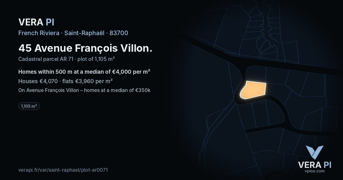 45 Avenue François Villon, Saint-Raphaël at night – the plot lit, the parcels around coloured by the prices near them