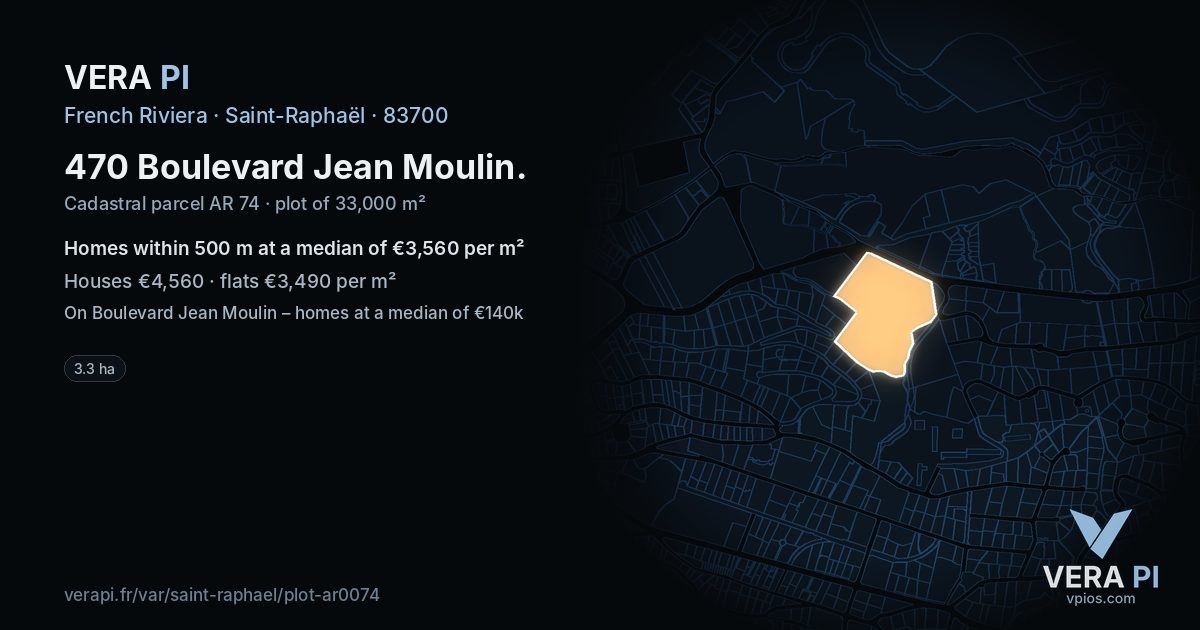 470 Boulevard Jean Moulin, Saint-Raphaël at night – the plot lit, the parcels around coloured by the prices near them