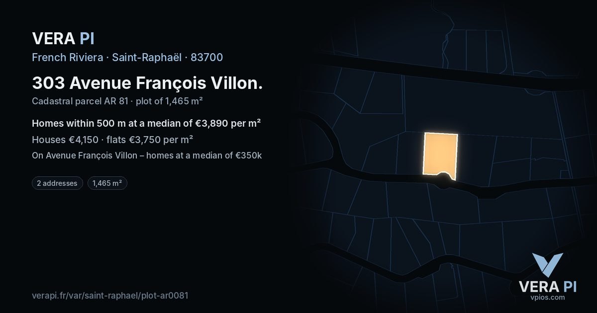 303 Avenue François Villon, Saint-Raphaël at night – the plot lit, the parcels around coloured by the prices near them