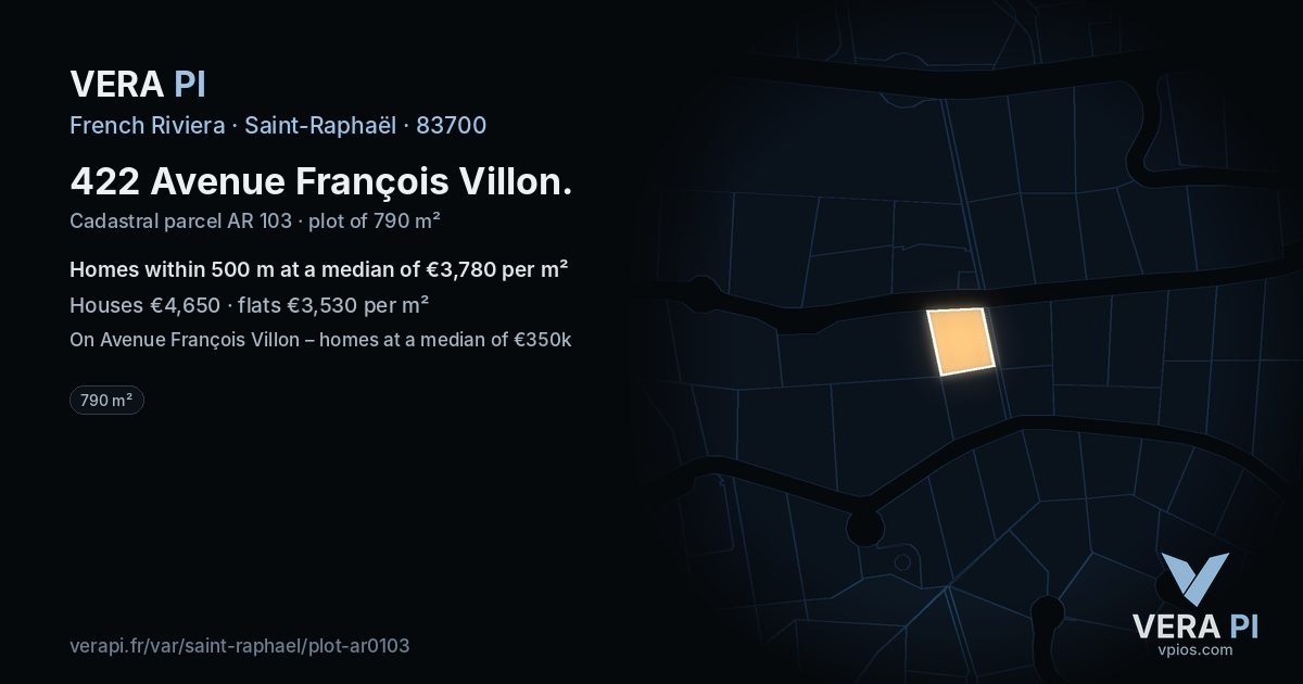 422 Avenue François Villon, Saint-Raphaël at night – the plot lit, the parcels around coloured by the prices near them
