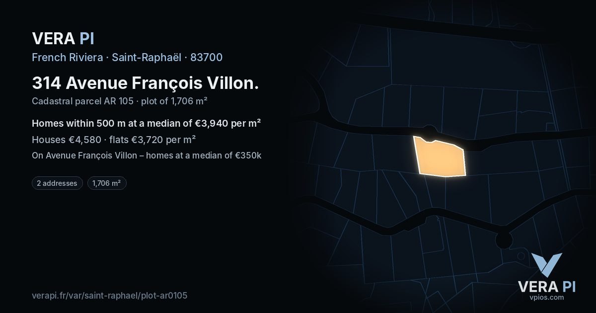 314 Avenue François Villon, Saint-Raphaël at night – the plot lit, the parcels around coloured by the prices near them