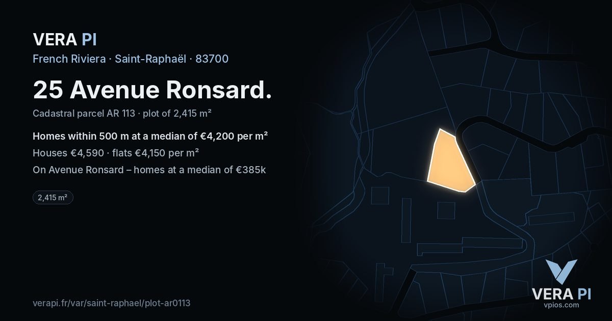 25 Avenue Ronsard, Saint-Raphaël at night – the plot lit, the parcels around coloured by the prices near them