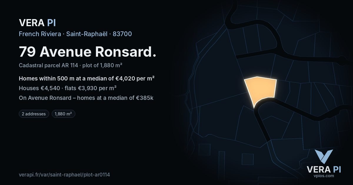79 Avenue Ronsard, Saint-Raphaël at night – the plot lit, the parcels around coloured by the prices near them
