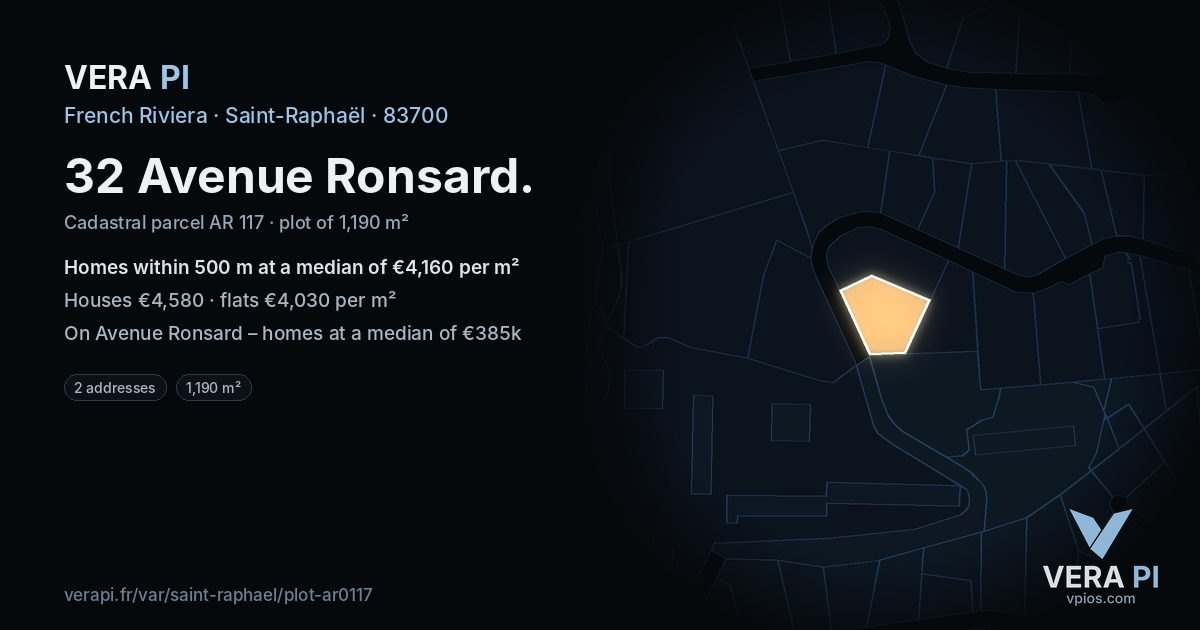 32 Avenue Ronsard, Saint-Raphaël at night – the plot lit, the parcels around coloured by the prices near them