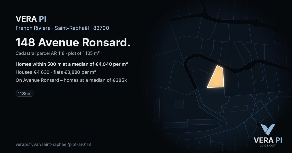 148 Avenue Ronsard, Saint-Raphaël at night – the plot lit, the parcels around coloured by the prices near them