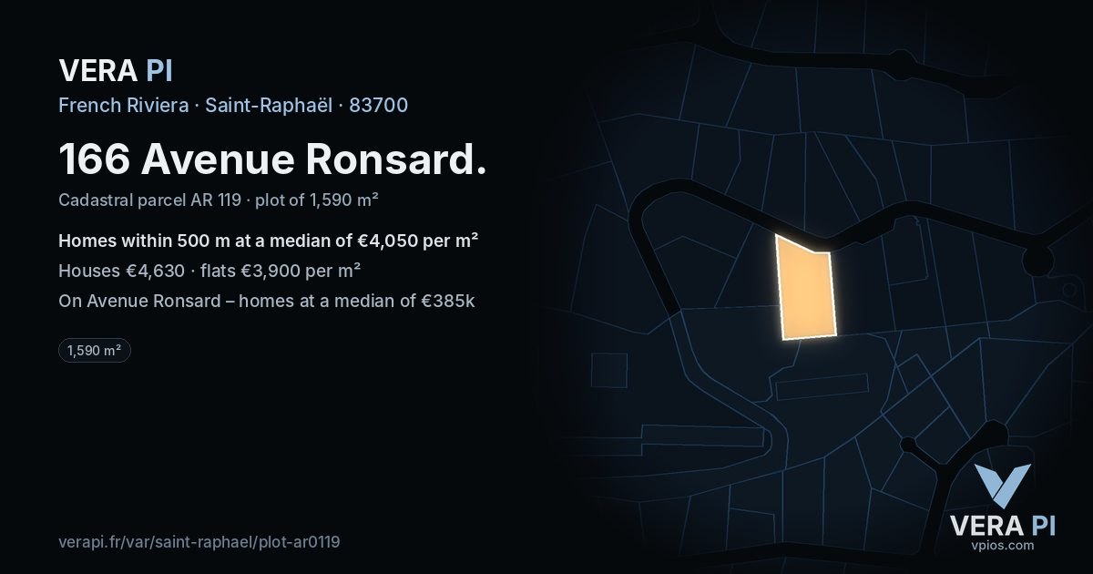 166 Avenue Ronsard, Saint-Raphaël at night – the plot lit, the parcels around coloured by the prices near them