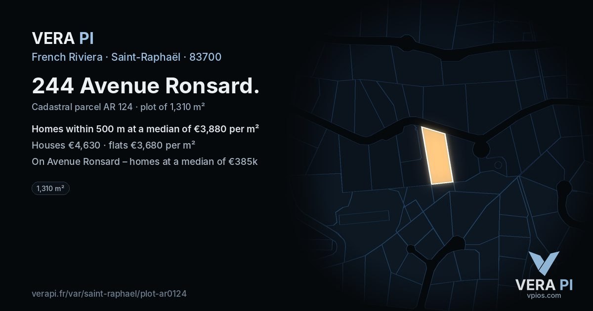 244 Avenue Ronsard, Saint-Raphaël at night – the plot lit, the parcels around coloured by the prices near them