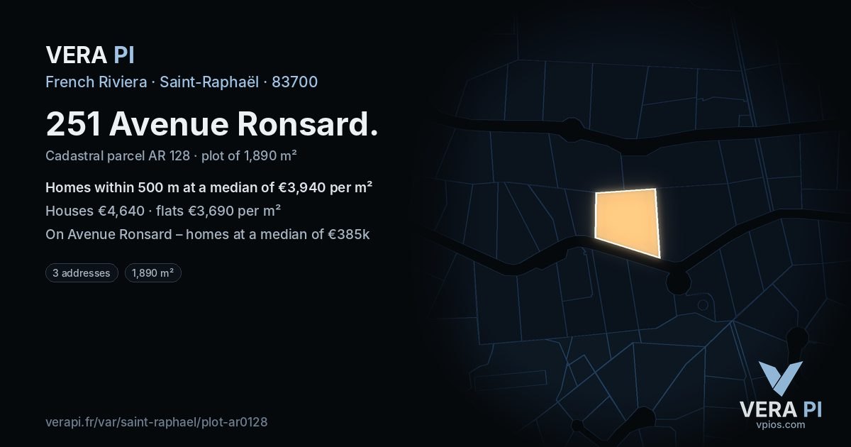 251 Avenue Ronsard, Saint-Raphaël at night – the plot lit, the parcels around coloured by the prices near them