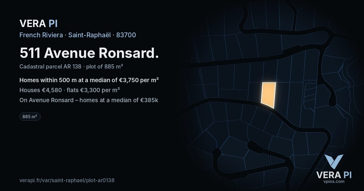 511 Avenue Ronsard, Saint-Raphaël at night – the plot lit, the parcels around coloured by the prices near them