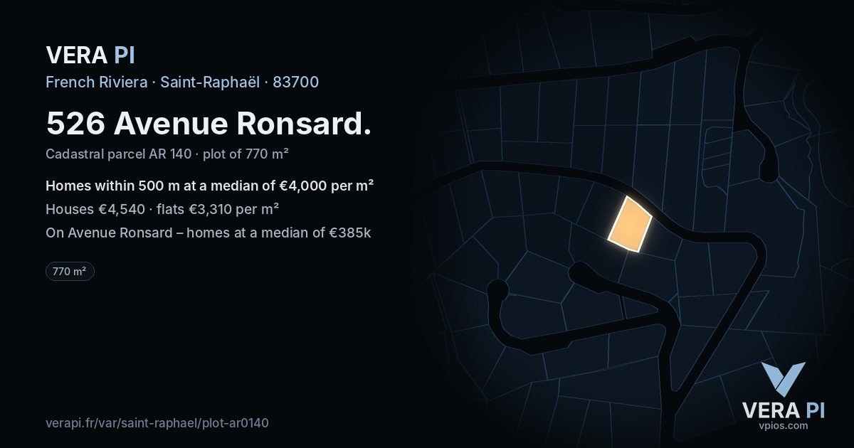 526 Avenue Ronsard, Saint-Raphaël at night – the plot lit, the parcels around coloured by the prices near them