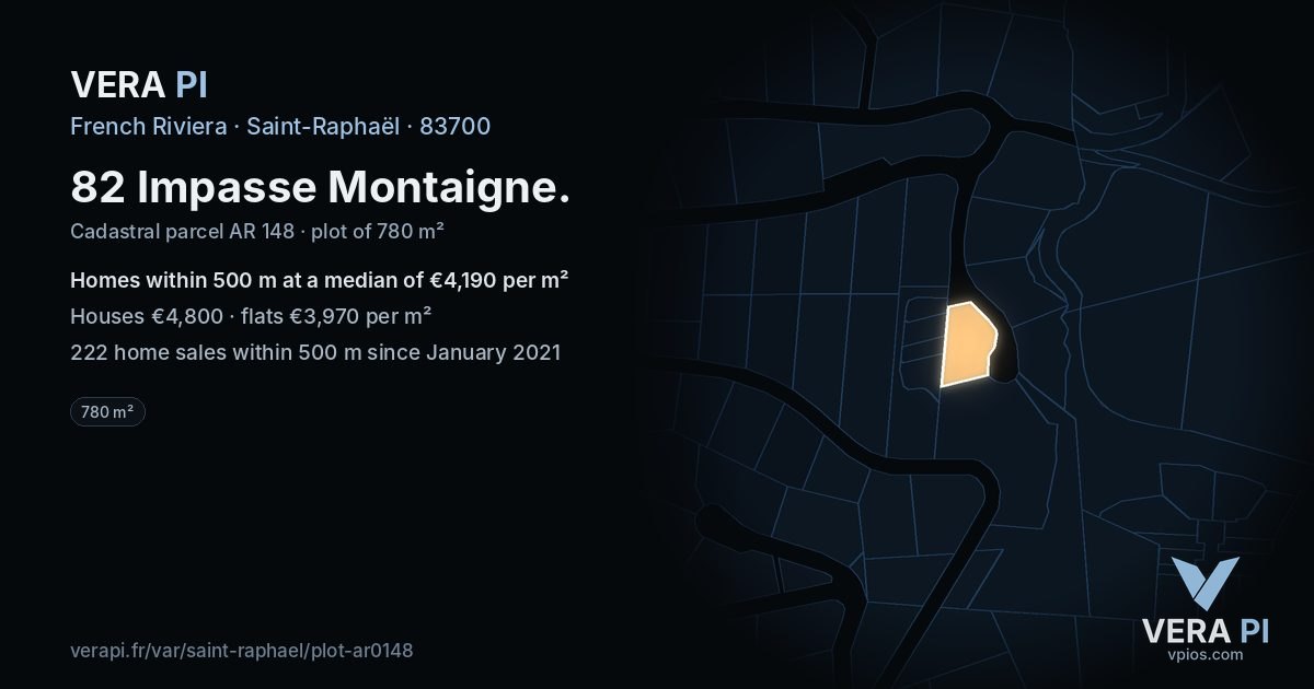 82 Impasse Montaigne, Saint-Raphaël at night – the plot lit, the parcels around coloured by the prices near them