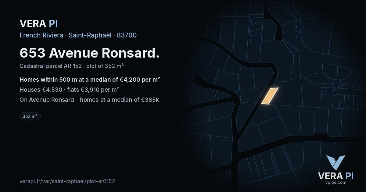 653 Avenue Ronsard, Saint-Raphaël at night – the plot lit, the parcels around coloured by the prices near them