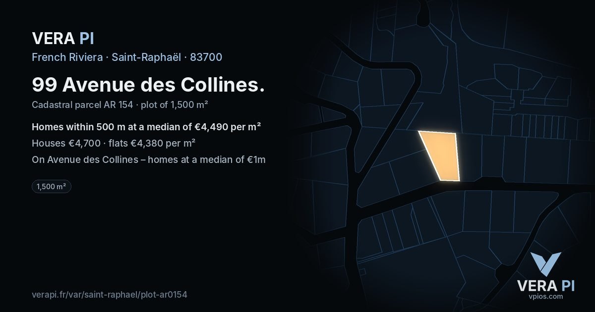 99 Avenue des Collines, Saint-Raphaël at night – the plot lit, the parcels around coloured by the prices near them