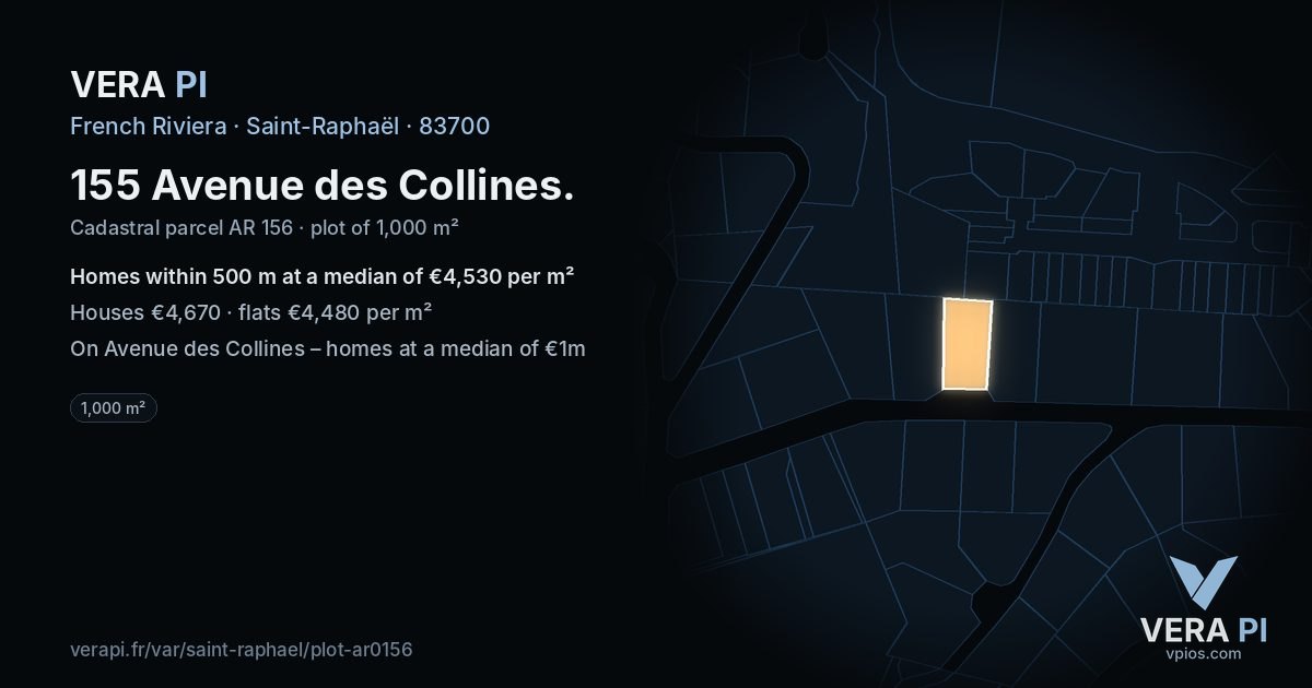 155 Avenue des Collines, Saint-Raphaël at night – the plot lit, the parcels around coloured by the prices near them