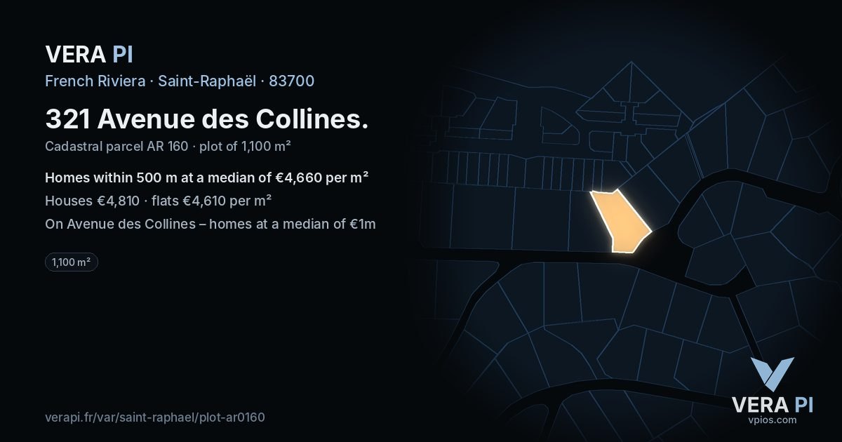 321 Avenue des Collines, Saint-Raphaël at night – the plot lit, the parcels around coloured by the prices near them