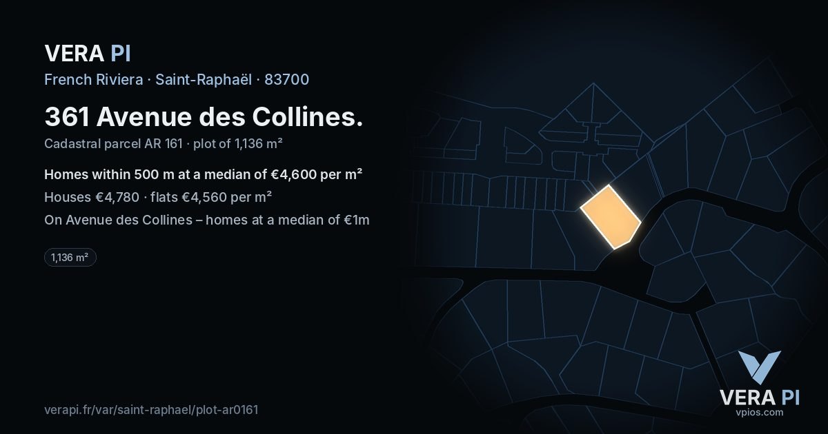 361 Avenue des Collines, Saint-Raphaël at night – the plot lit, the parcels around coloured by the prices near them