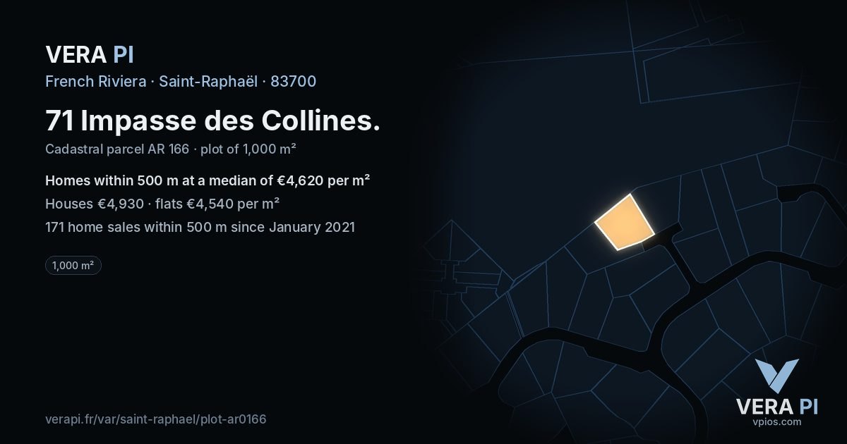 71 Impasse des Collines, Saint-Raphaël at night – the plot lit, the parcels around coloured by the prices near them