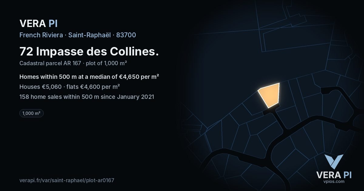 72 Impasse des Collines, Saint-Raphaël at night – the plot lit, the parcels around coloured by the prices near them