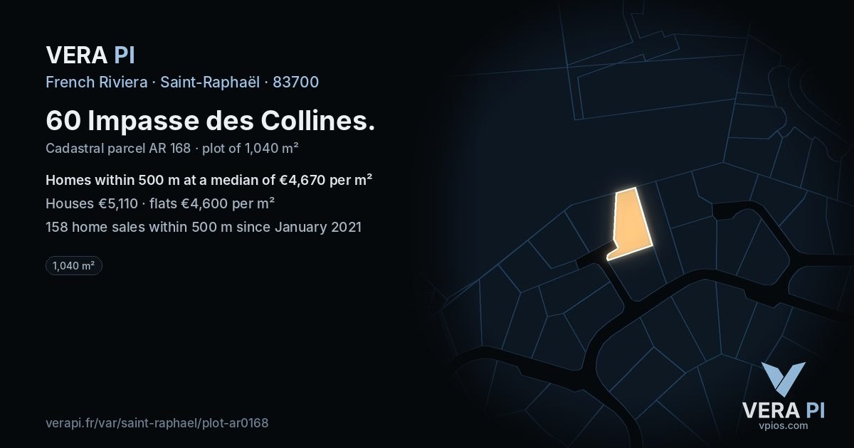 60 Impasse des Collines, Saint-Raphaël at night – the plot lit, the parcels around coloured by the prices near them