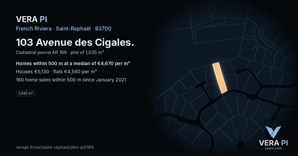 103 Avenue des Cigales, Saint-Raphaël at night – the plot lit, the parcels around coloured by the prices near them