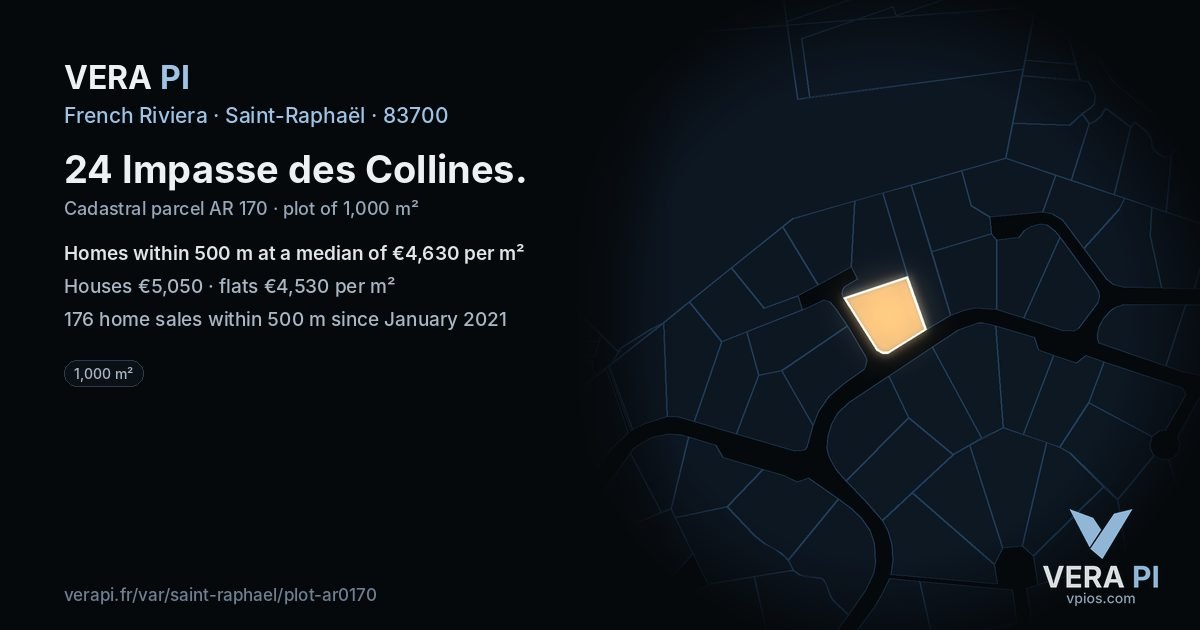 24 Impasse des Collines, Saint-Raphaël at night – the plot lit, the parcels around coloured by the prices near them