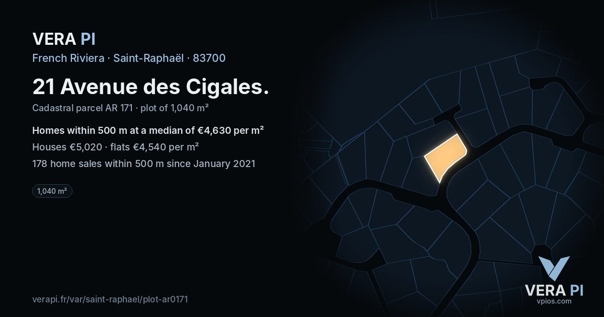 21 Avenue des Cigales, Saint-Raphaël at night – the plot lit, the parcels around coloured by the prices near them