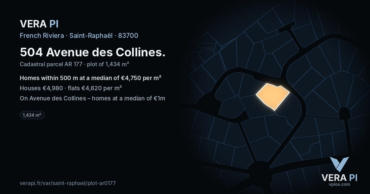 504 Avenue des Collines, Saint-Raphaël at night – the plot lit, the parcels around coloured by the prices near them